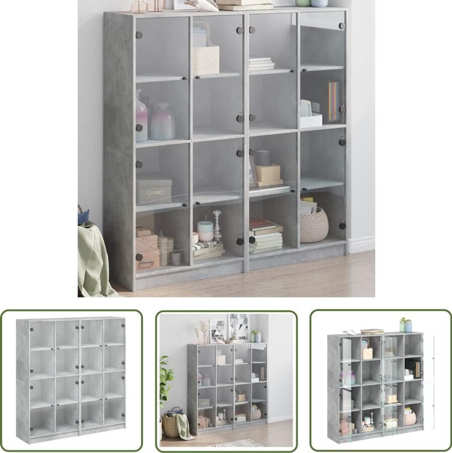 The Living Store Boekenkast met deuren 136x37x142 cm bewerkt hout betongrijs Boekenkast Houten Boekenkast Betongrijs Boekenkast Boekenplank Vitrinekast - Foto 2