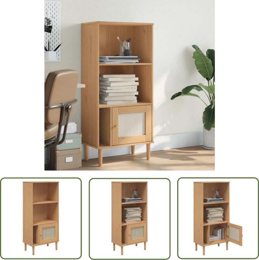 The Living Store SENJA Houten Boekenkast 60 x 35 x 130 cm Massief grenenhout Rattan uitstraling Boekenkast Houten Boekenkast Bibliotheek Opbergruimte Design Boekenkast