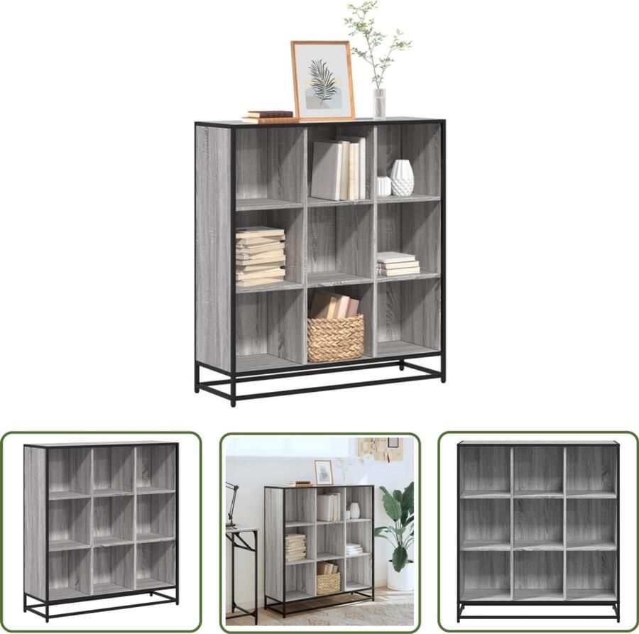 The Living Store Boekenkast 97 5x33x107 5 cm bewerkt hout en metaal grijs sonoma Boekenkasten Houten Boekenkasten Grijze Boekenkasten Boekenplank Opslagruimte