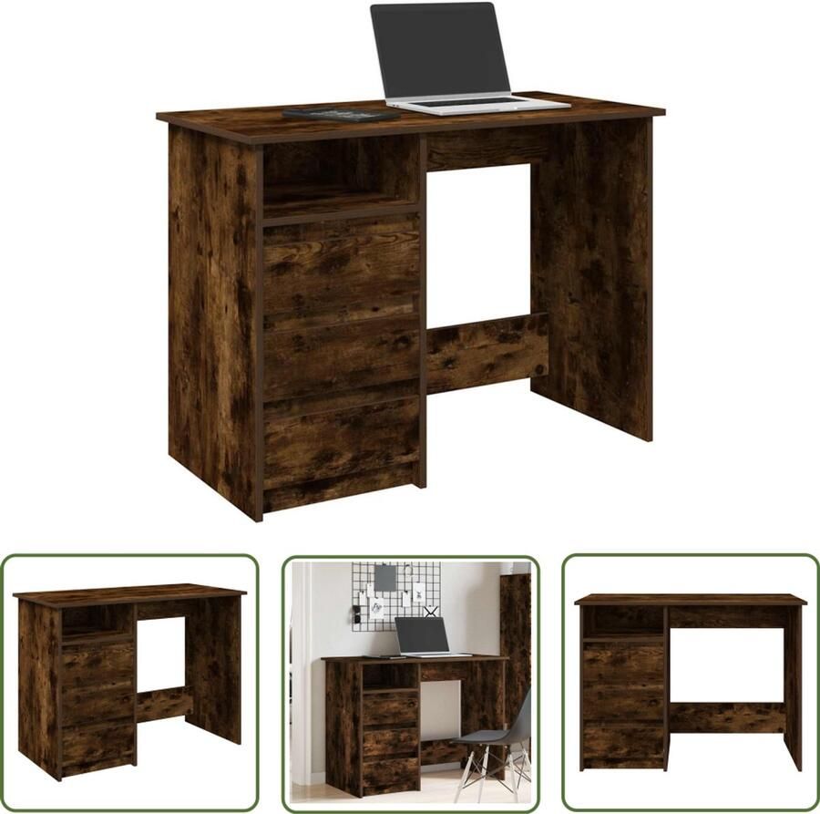 The Living Store Bureau 102x50x75 cm bewerkt hout gerookt eikenkleurig Bureau Houten Bureau Zwart Compact Bureau Laptop Bureau