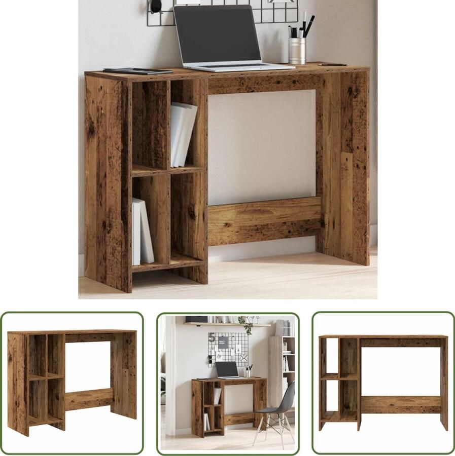 The Living Store Bureau 102 5x35x75 cm bewerkt hout oud houtkleurig Modern Bureau Houten Bureau Kantoormeubel Bureau Met Vakken Compact Bureau