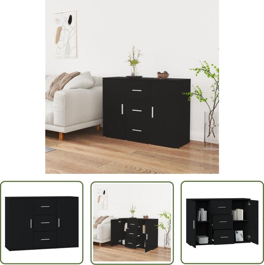 The Living Store Dressoir 91x29 5x65 cm bewerkt hout zwart Dressoir Houten Dressoir Minimalistische Dressoir Zwart Dressoir Opbergmeubel