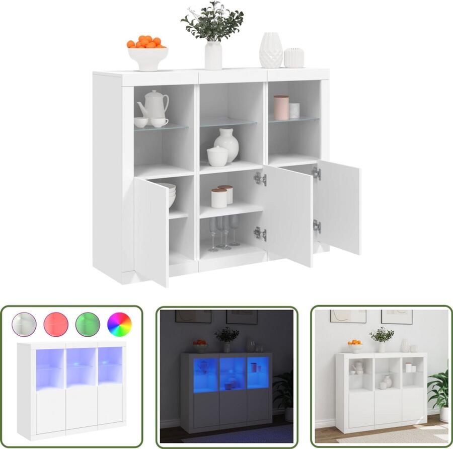 The Living Store Dressoirs met LED-verlichting 3 st bewerkt hout wit Moderne Dressoir Led Verlichting Houten Dressoir Tv Kast Salontafel