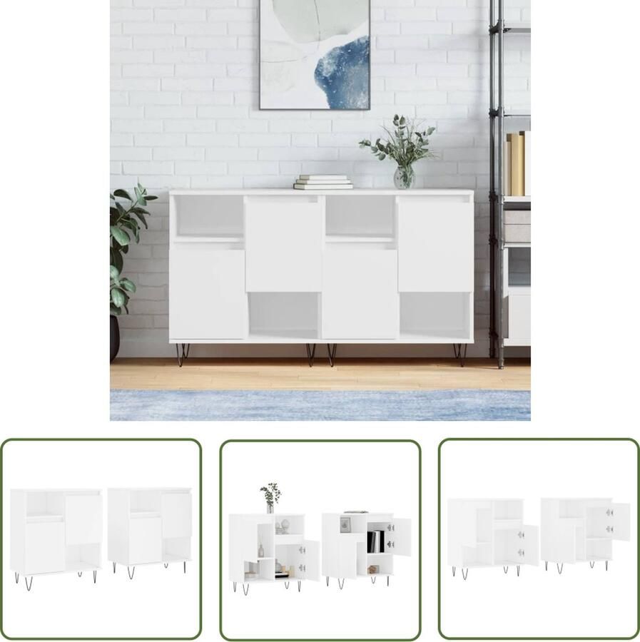 The Living Store Dressoirs 2 st bewerkt hout wit Dressoir Klassiek Meubel Houten Dressoir Wit Dressoir Opbergmeubel - Foto 2