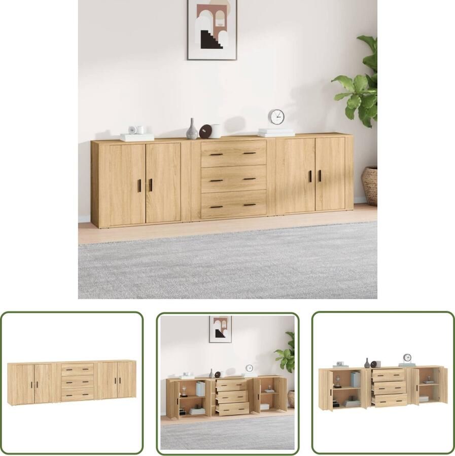 The Living Store Dressoirs 3 st bewerkt hout sonoma eiken Dressoir Salontafel Houten Meubel Landelijk Design Vintage Look
