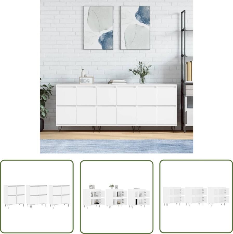 The Living Store Dressoirs 3 st bewerkt hout wit Dressoir Commode Kast Houten Dressoir Wit Dressoir