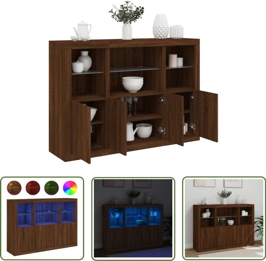 The Living Store Dressoirs met LED-verlichting 3 st bewerkt hout bruineikenkleur Dressoir Kast Led Verlichting Houten Dressoir Bruine Eiken