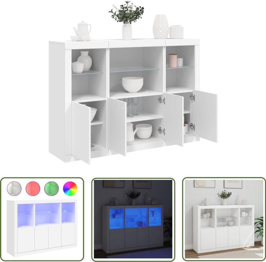 The Living Store Dressoirs met LED-verlichting 3 st bewerkt hout wit Moderne Dressoir Led Verlichting Buffett Kast Opbergruimte Houten Dressoir
