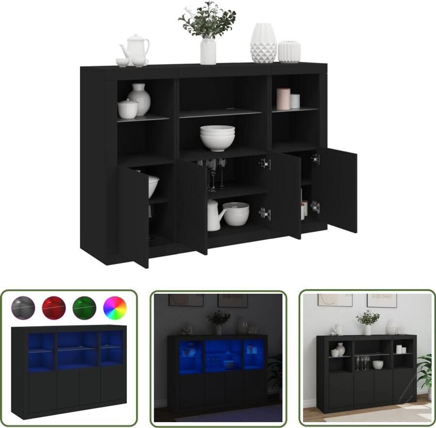 VidaXL Dressoirs met LED-verlichting 3 st bewerkt hout zwart Dressoirs Houten Dressoirs Black Furniture Led Lighting Living Room Furniture