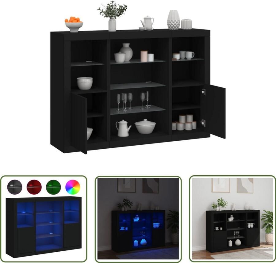 The Living Store Dressoirs met LED-verlichting 3 st bewerkt hout zwart Dressoir Modern Meubel Led Verlichting Houten Kast Opbergruimte
