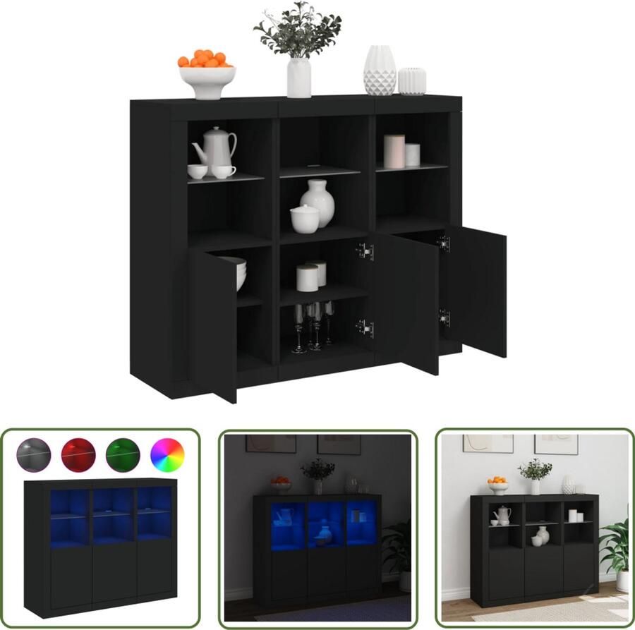 The Living Store Dressoirs met LED-verlichting 3 st bewerkt hout zwart Dressoir Modern Meubel Led Verlichting Opberg Kast Woonkamer Meubilair