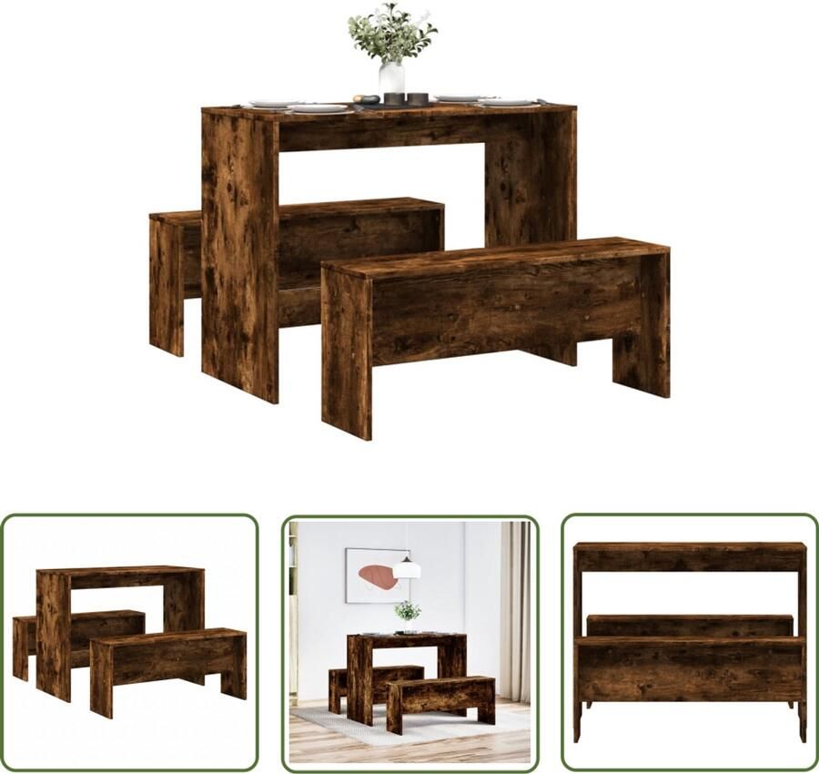 The Living Store 3-delige Eettafel en bankenset bewerkt hout gerookt eikenkleur Eetkamerset Houten Eettafel Bankenset Gerookt Eiken Meubels Kleine Eettafel