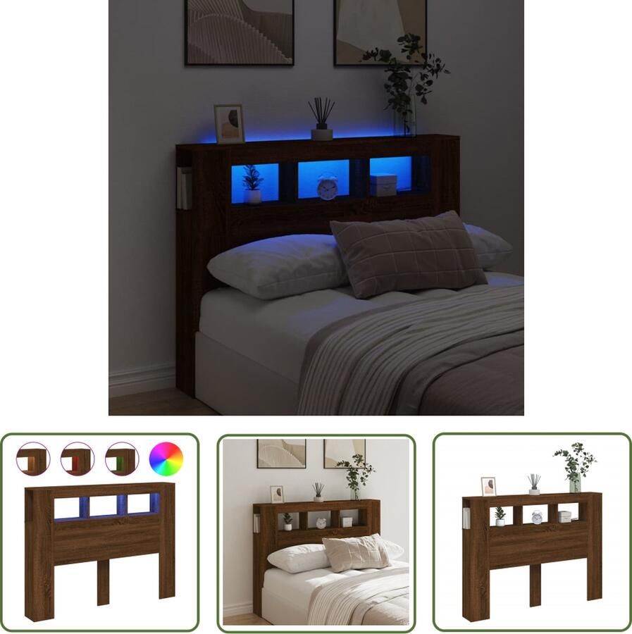 VidaXL Houten Hoofdbord LED Hoofdbord Hoofdeinde met LED 140x18 5x103 5 cm bewerkt hout bruineiken Hoofdbord Met Led Verlichting Rgb Led Verlichting Bruin Hoofdbord