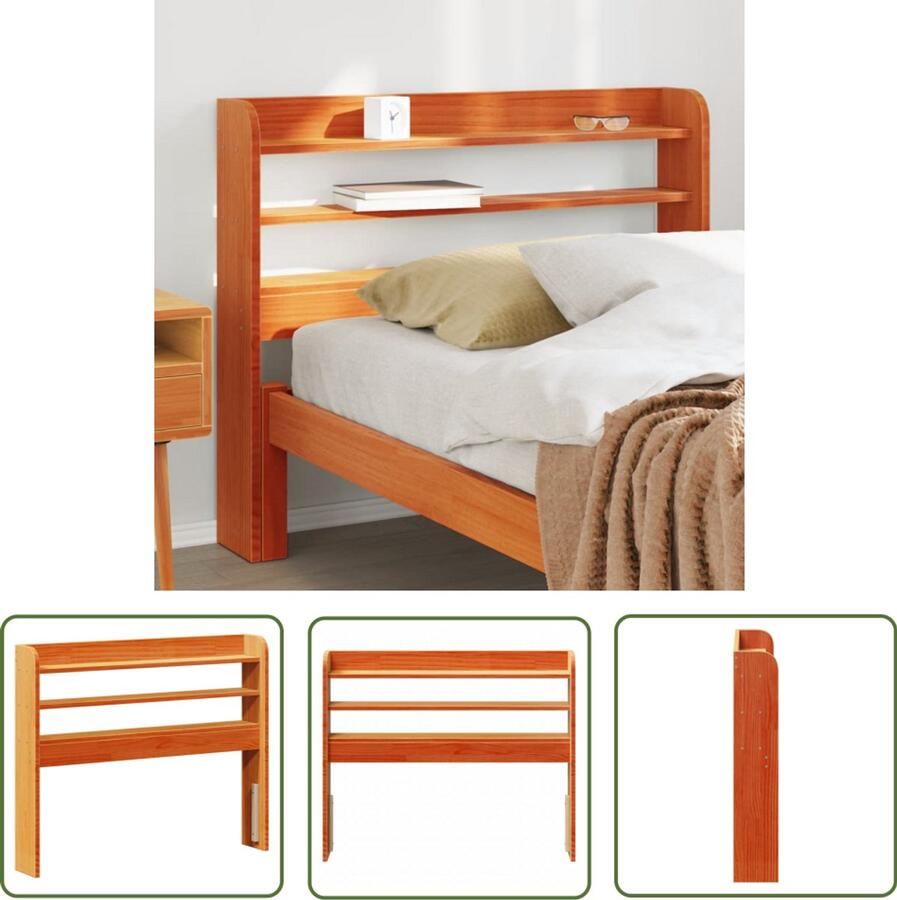 The Living Store Hoofdbord met schappen 90 cm massief grenenhout wasbruin Hoofdbord Houten Hoofdbord Met Opbergvakken Slaapkamervloer Massief Grenenhout