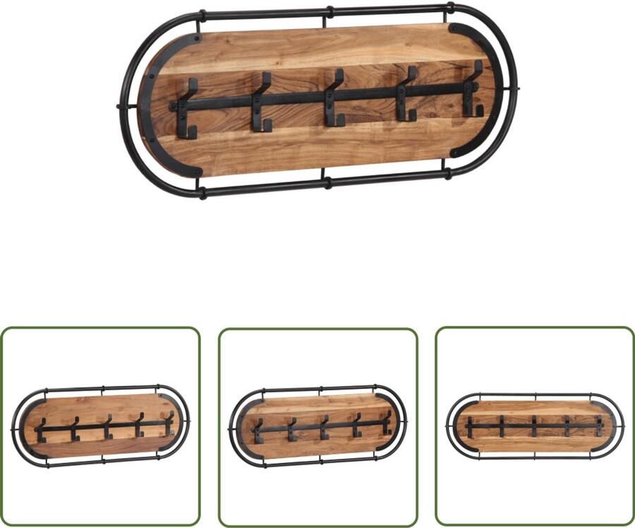The Living Store Wandkapstok met 5 haken massief acaciahout Wandkapstok Houten Kapstok Acacia Hout Entree Organisatie Kledingopbergen