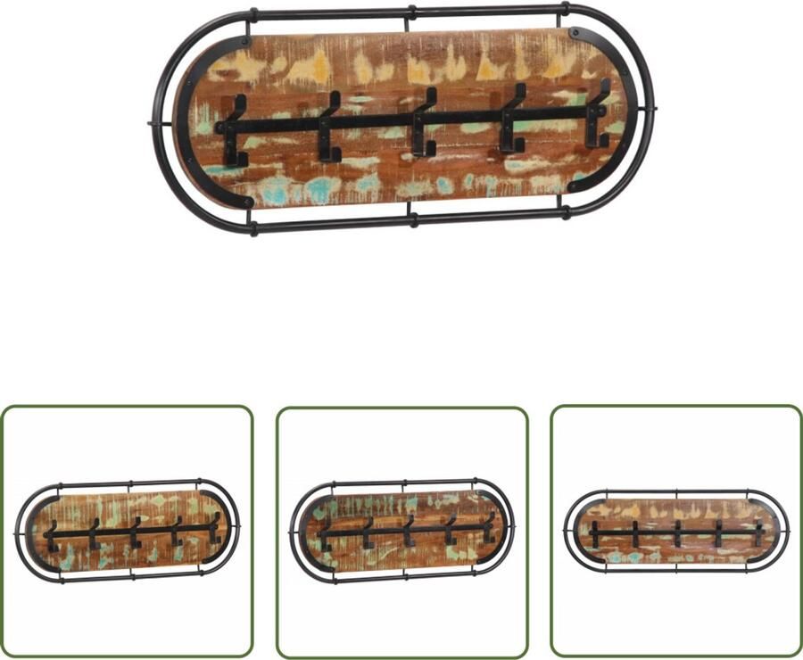 The Living Store Wandkapstok met 5 haken massief gerecycled hout Wandkapstok Houten Kapstok Vintage Kapstok Retro Kapstok Multifunctioneel Rek