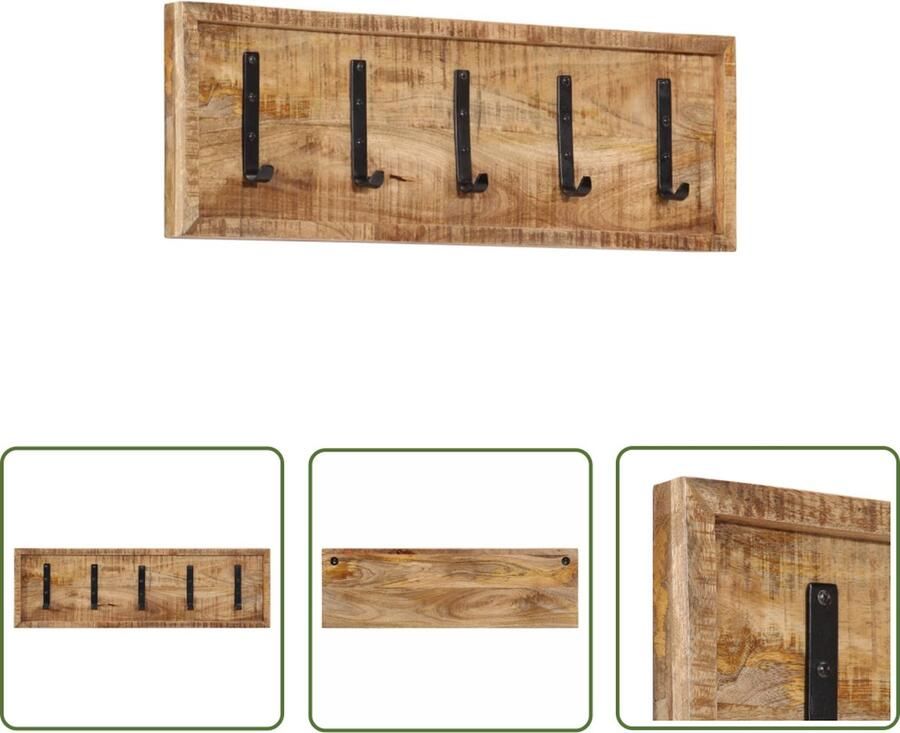 The Living Store Wandkapstok met 5 haken massief mangohout Wandkapstok Houten Kapstok Mangohout Kapstok Entree Decoratie Kledingopbergers