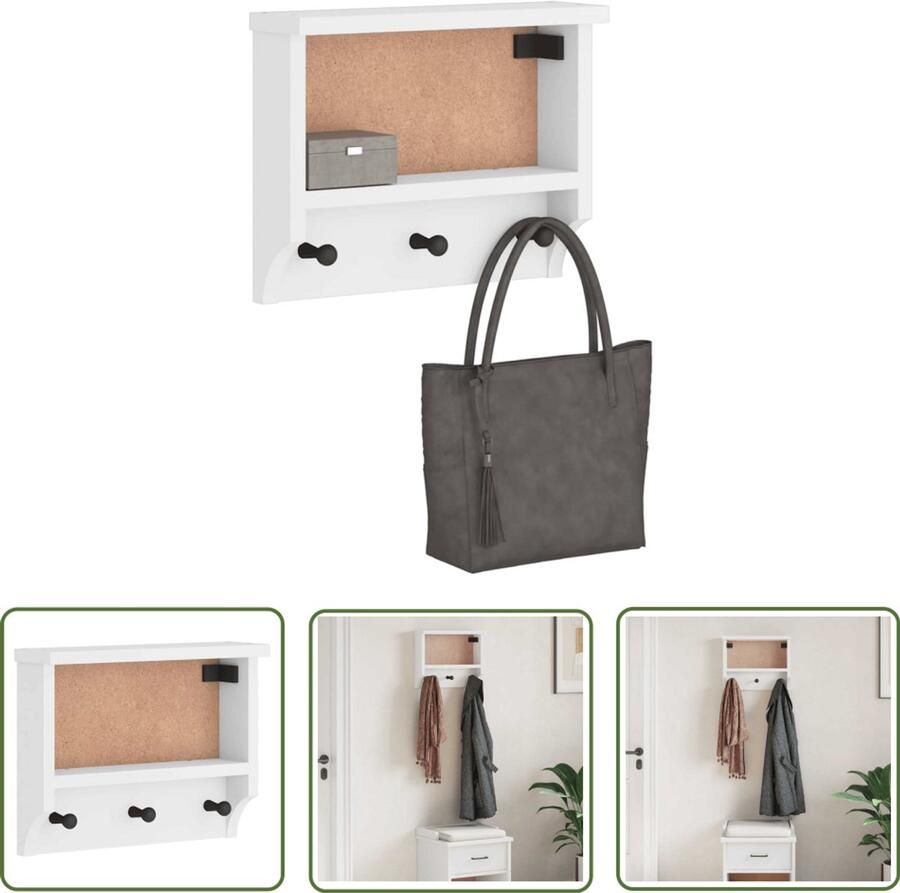 The Living Store Wandkapstok SANDNES wit 45x12x35 cm massief grenenhout Wandkapstok Houten Kapstok Grenoblehouten Kapstok Entree Kapstok Garderobe Kapstok