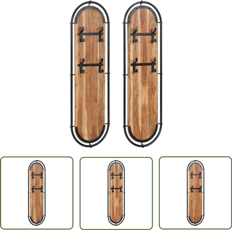 The Living Store Wandkapstokken 2 st met 4 haken massief acaciahout Wandkapstok Houten Kapstok Acacia Hout Entree Decoratie Kledingopstelling