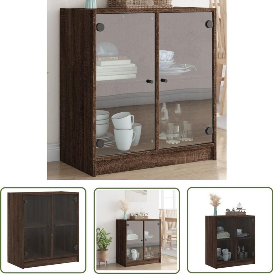 The Living Store Bijzetkast met glazen deuren 68x37x75 5 cm bruin eikenkleur Dressoir Modern Dressoir Houten Dressoir Vitrinekast Opbergkast