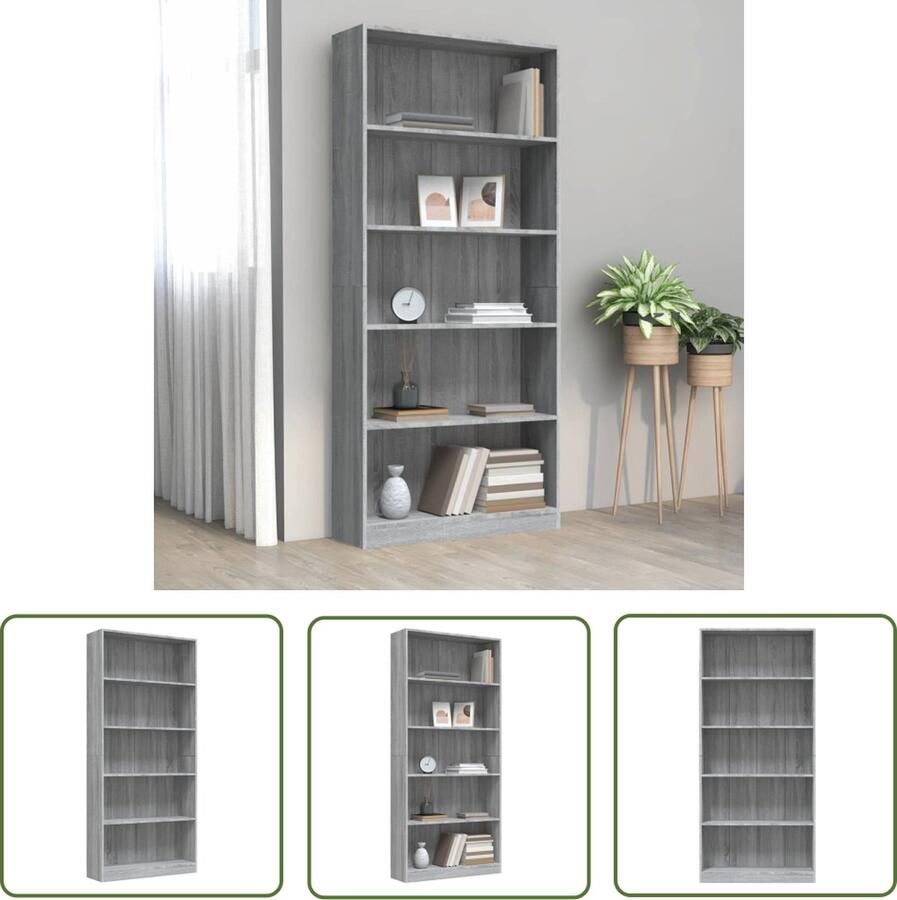 The Living Store Boekenkast 80x24x175 cm bewerkt hout grijs sonoma eikenkleurig Boekenkast Houten Kast Grijze Boekenkast Bibliotheek Opslagruimte - Foto 2