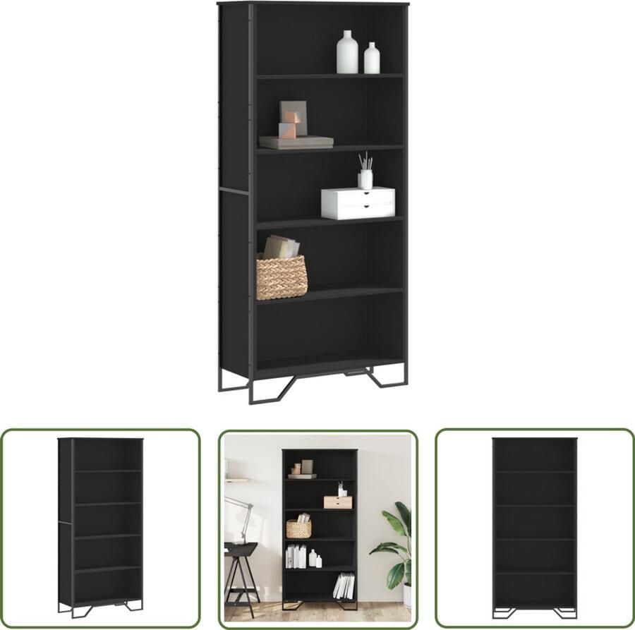 The Living Store Boekenkast 80x31x169 cm bewerkt hout zwart Boekenkasten Houten Kast Zwarte Boekenkast Opslagoplossing Kamerdivider