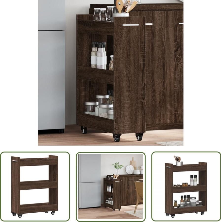 The Living Store Kast met wieltjes 60x22x79 bewerkt hout bruin eikenkleurig Dressoirkast Houten Kast Opbergkast Salontafel Tv Tafel