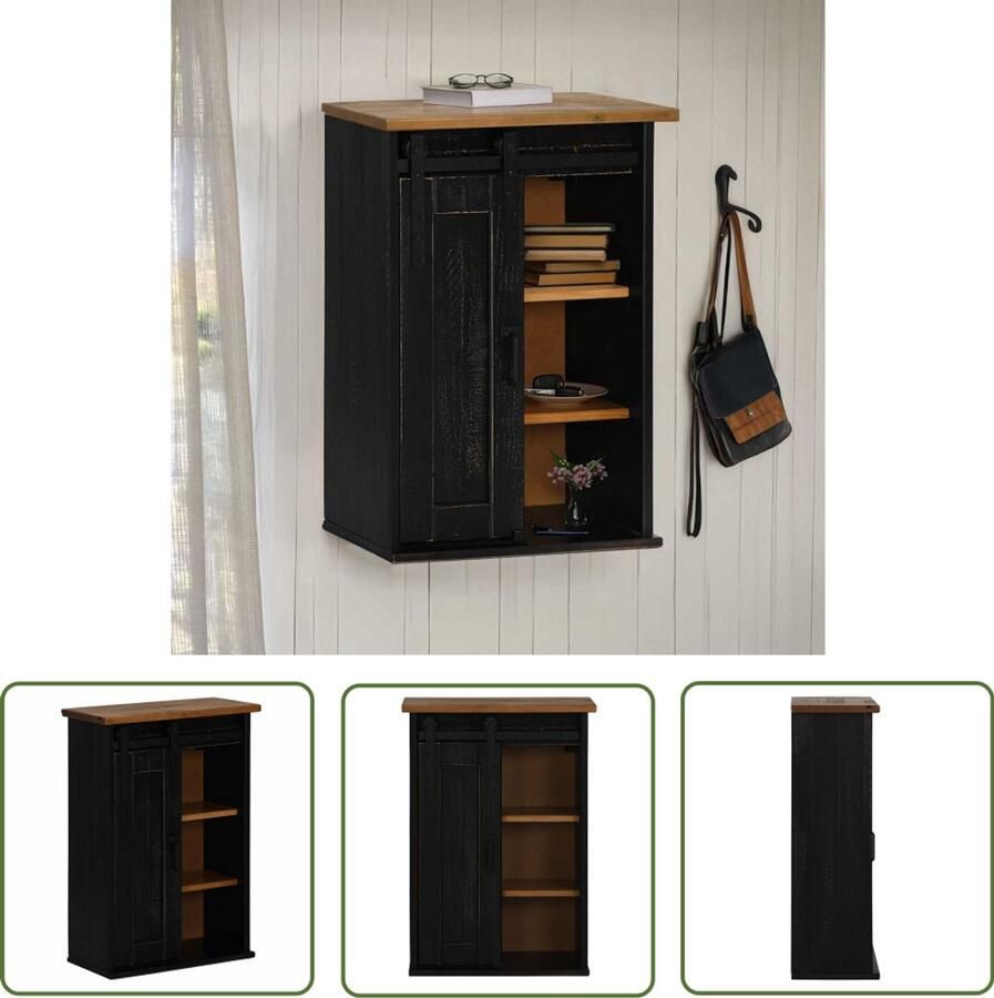 The Living Store Hangkast HALDEN met schuifdeur 49x22 5x70 cm grenenhout zwart Hangkast Houten Kast Grenoble Hout Kasten Set Opslag Oplossing