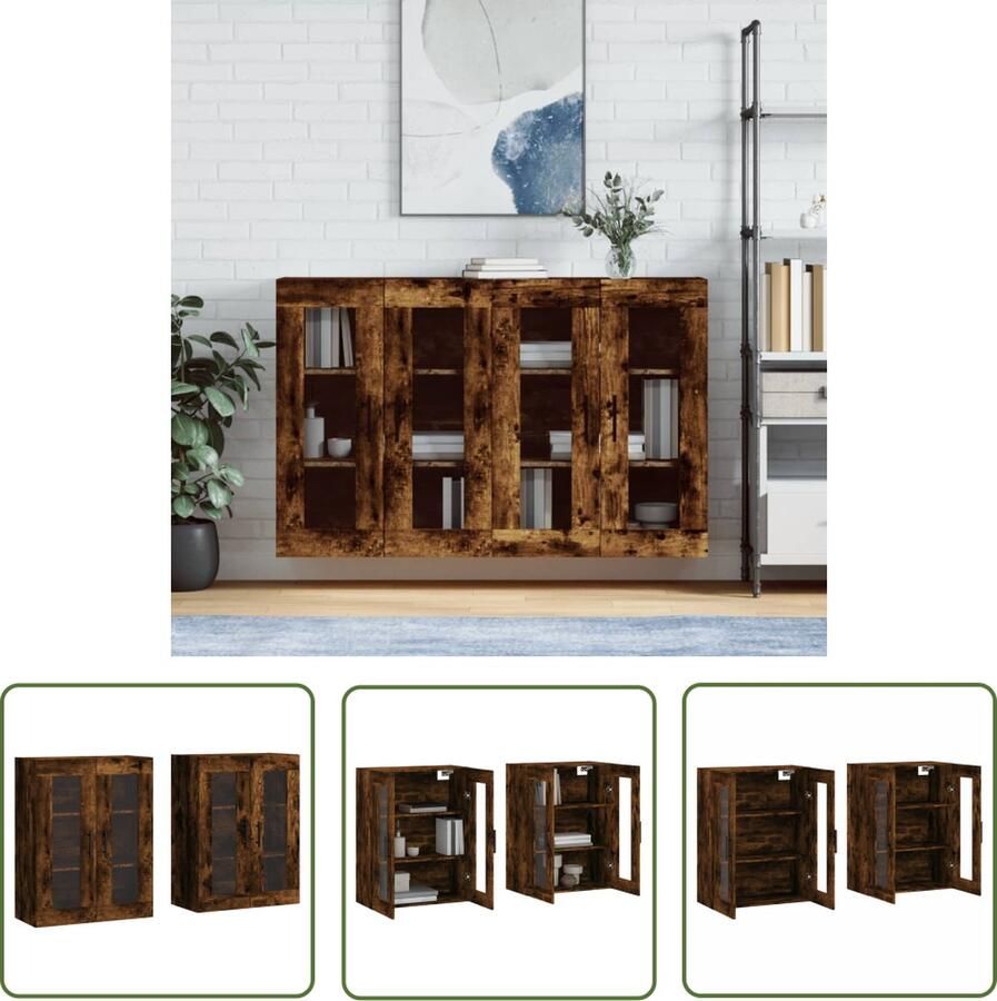 The Living Store Hangkasten 2 st bewerkt hout gerookt eikenkleurig Wandkast Houten Kast Bergruimte Opbergkast Designkast