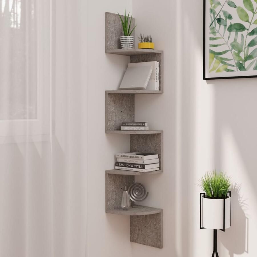 The Living Store Hoekwandschap 19x19x123 cm bewerkt hout betongrijs Hoekwandschap Wandplank Betonnen Look Salontafel Decoratieschouwspel