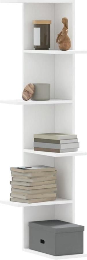 The Living Store Hoekwandschap 36 5x36 5x140 cm bewerkt hout wit Hoekwand Wandrek Houten Kast Opbergruimte Living Accessoires