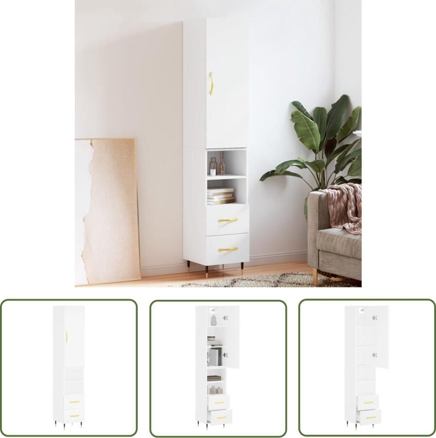 The Living Store Hoge kast 34 5x34x180 cm bewerkt hout wit Hoge Kast Houten Kast Wit Kast Opslagkast Woonaccessoires