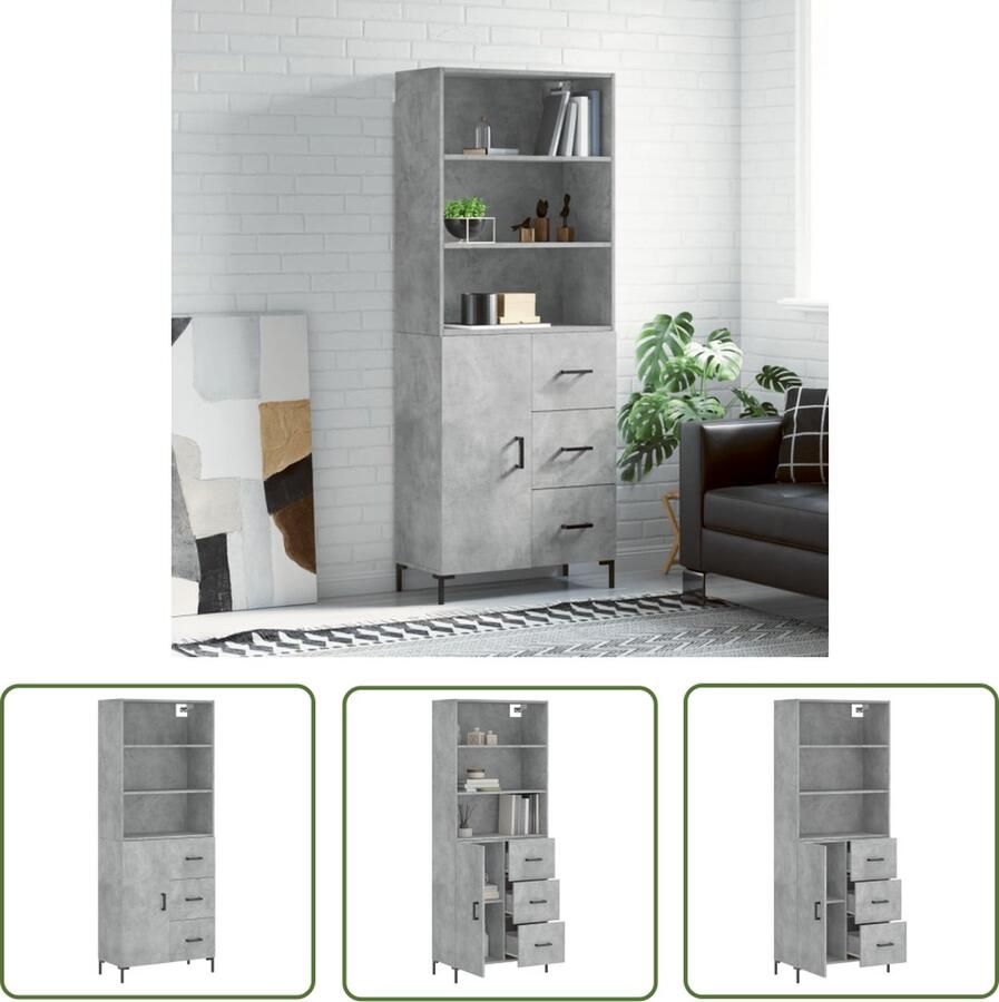 The Living Store Hoge kast 69 5x34x180 cm bewerkt hout betongrijs Hoge Kast Beton Grijs Houten Kast Opslagkast Dressoir