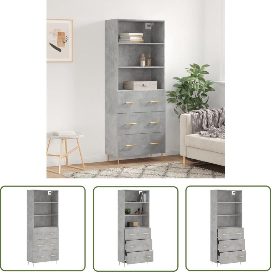 The Living Store Hoge kast 69 5x34x180 cm bewerkt hout betongrijs Hoge Kast Opslagoplossing Houten Kast Betonnen Grijze Kast Woonkamermeubilair - Foto 4