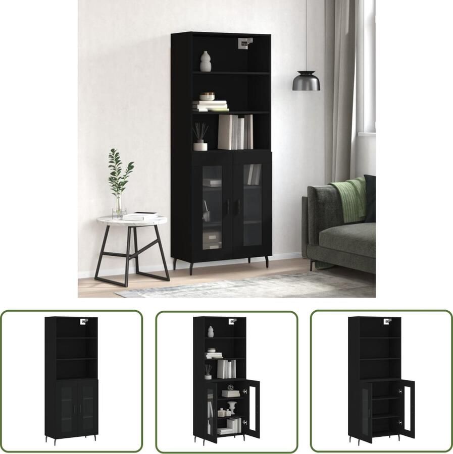 The Living Store Hoge Kast Zwart 69.5 x 34 x 180 cm Duurzaam Voldoende Opbergruimte Metalen Voeten Montage Vereist 1 x Dressoir 1 x Opzetkast - Foto 2