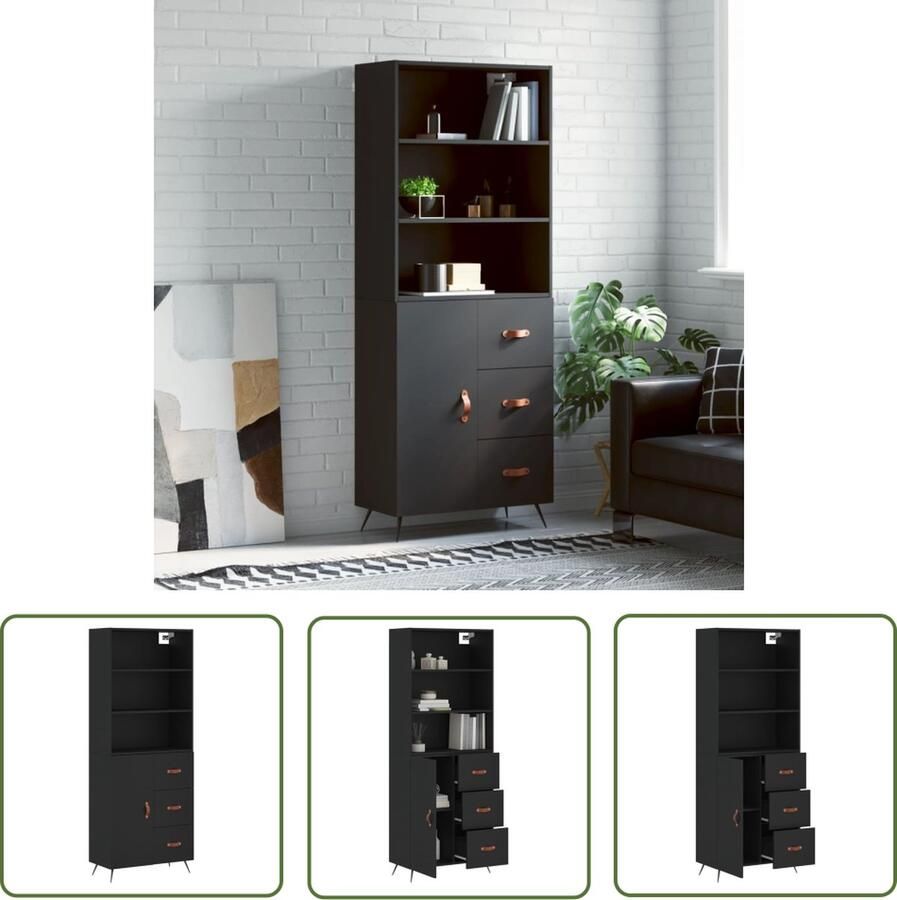 The Living Store Hoge Kast Zwart Bewerkt hout en ijzer 69.5 x 34 x 180 cm Duurzaam en praktisch Inclusief dressoir en opzetkast Montage vereist