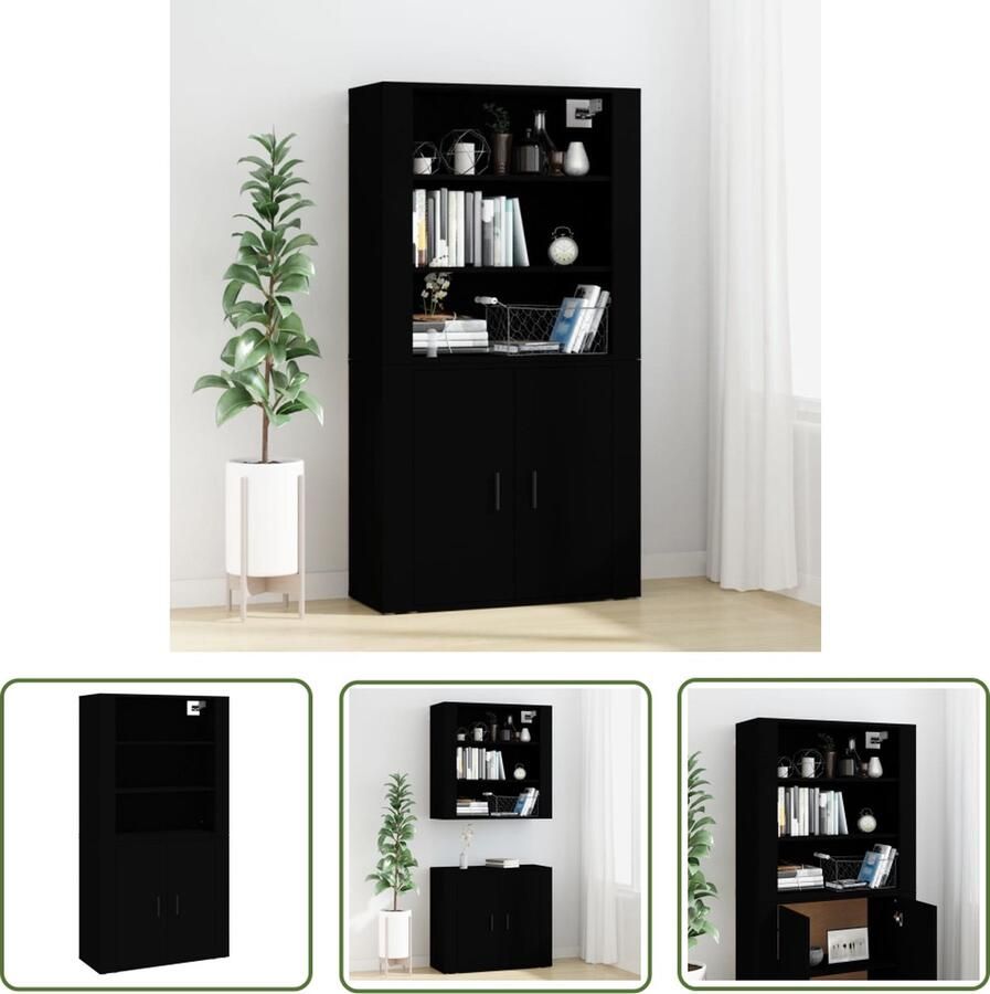 The Living Store Hoge kast bewerkt hout zwart Hoge Kast Buffetkast Wandmontage Houten Kast Zwarte Kast