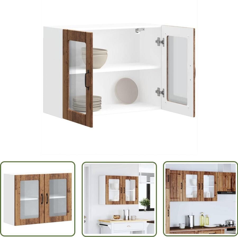 VidaXL Keukenwandkast met glazen deur bewerkt hout oud houtkleurig Keukenwandkast Houten Kast Glazen Deur Keukenopbergruimte Vintage Design