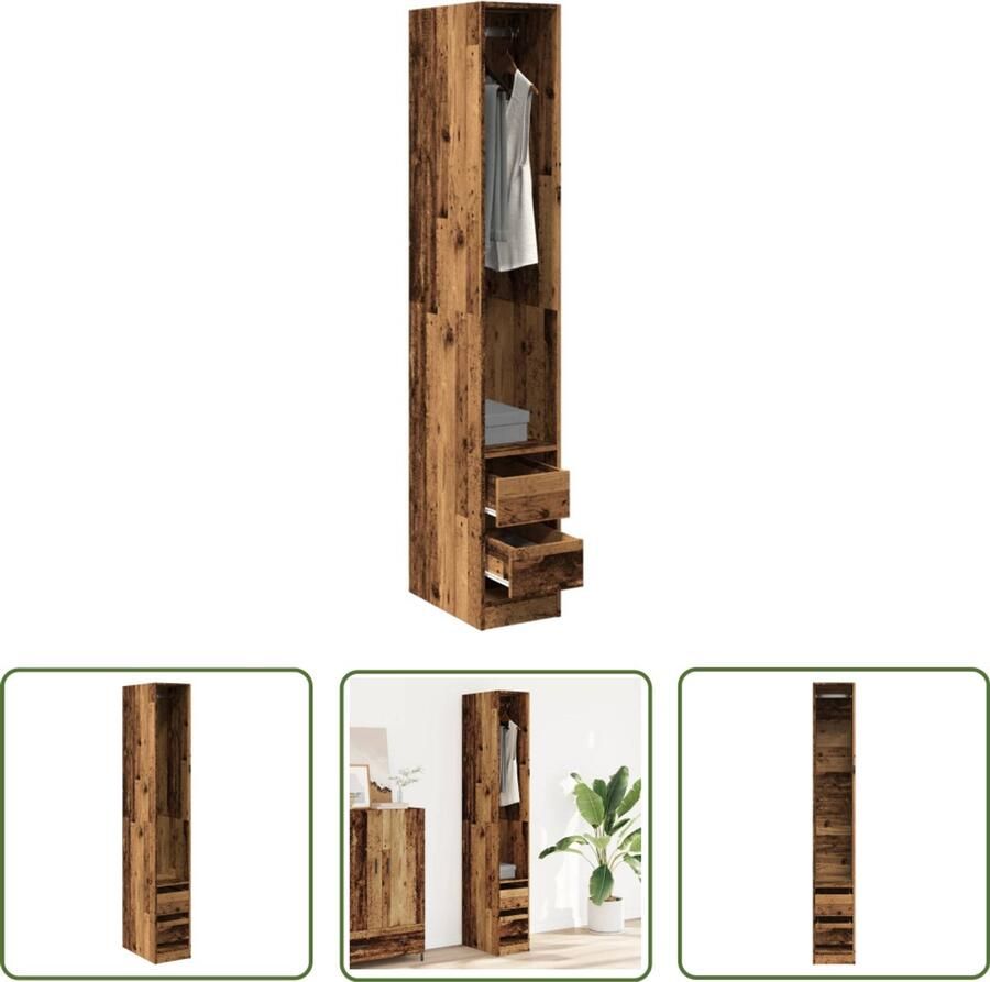 The Living Store Kledingkast 30x50x200 cm bewerkt hout oud hout Kledingkast Houten Kast Opslagoplossing Vintage Kast Kleedkamer