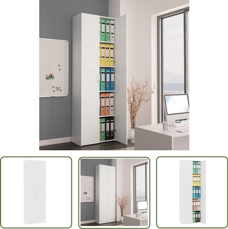 The Living Store opbergkast 60 x 32 x 190 cm 2 deuren 5 schappen wit Opslagkast Houten Kast Kantoor Kast Bureau Kast Bergruimte - Foto 2