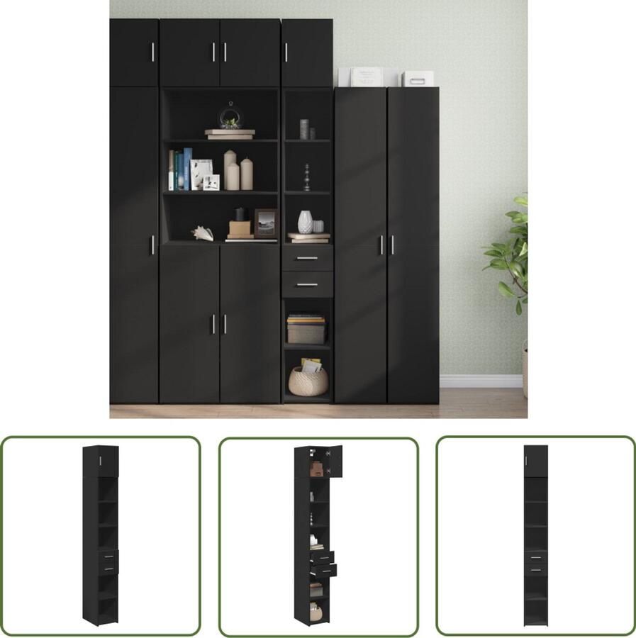 The Living Store Opbergkast smal 30x42 5x225 cm bewerkt hout zwart Opslagkast Houten Kast Opbergruimte Slim Design Multifunctioneel Meubilair