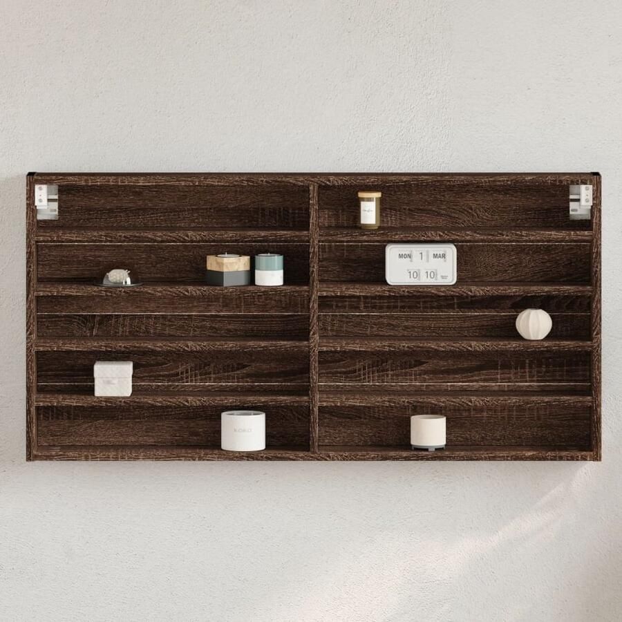 The Living Store Vitrinekast 100x8 5x50 cm bewerkt hout bruin eikenkleurig Vitrinekast Woonaccessoires Houten Kast Opbergkast Vintage Meubels
