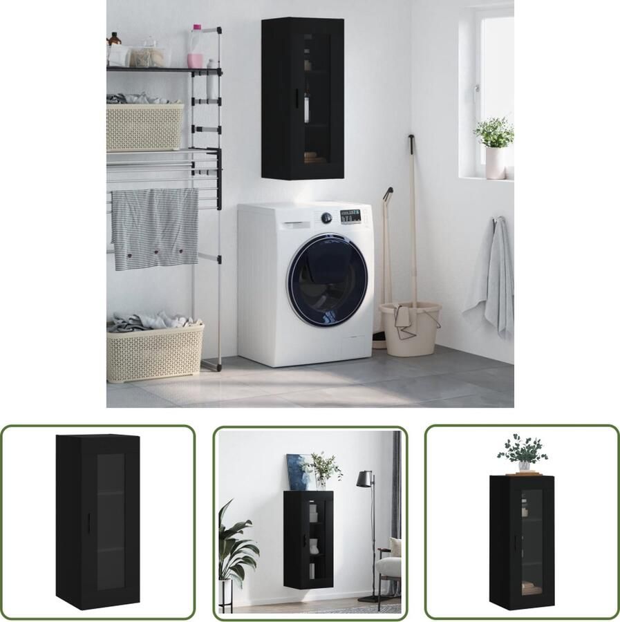 The Living Store Wandkast 34 5x34x90 cm zwart Zwevende Kast Wandkast Houten Kast Vitrinekast Opbergkast