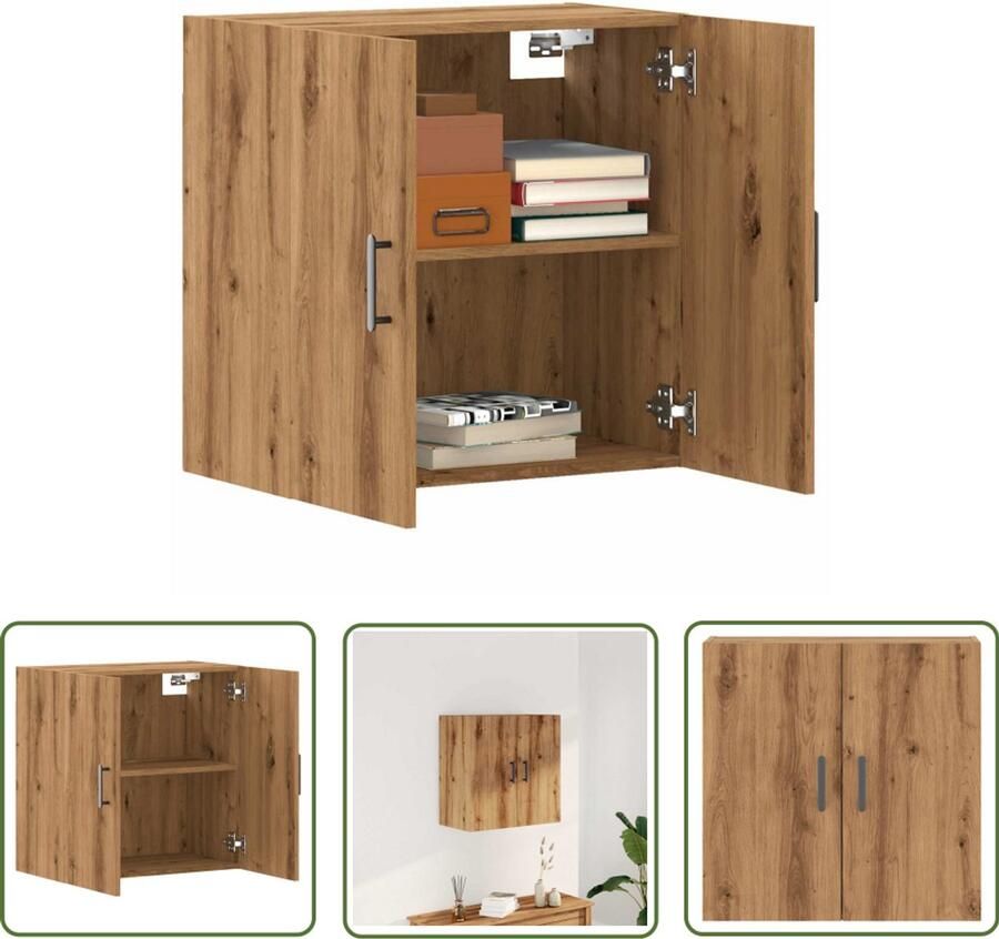 The Living Store Wandkast 60x31x60 cm bewerkt hout artisanaal eikenkleurig Wandkast Houten Kast Opslagoplossing Woonaccessoires Eiken Kleur