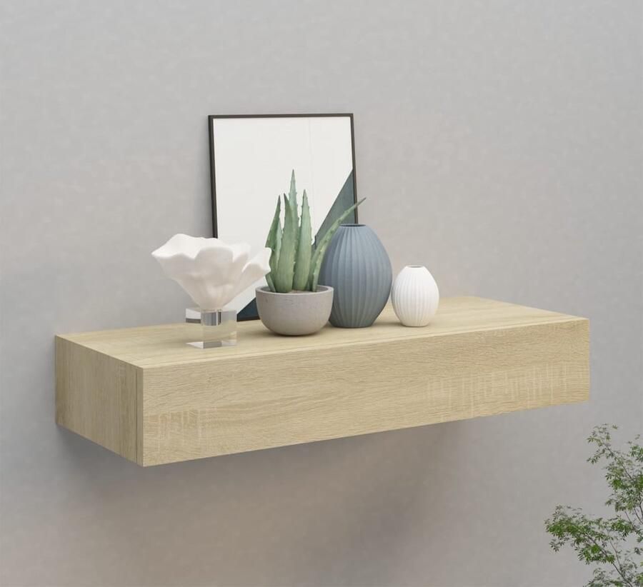 The Living Store viaXL Wandschap met lade 60x23 5x10 cm MDF eikenkleurig Zwevend Schap Wandplank Bergruimte Eiken Kleur Living Room Decor