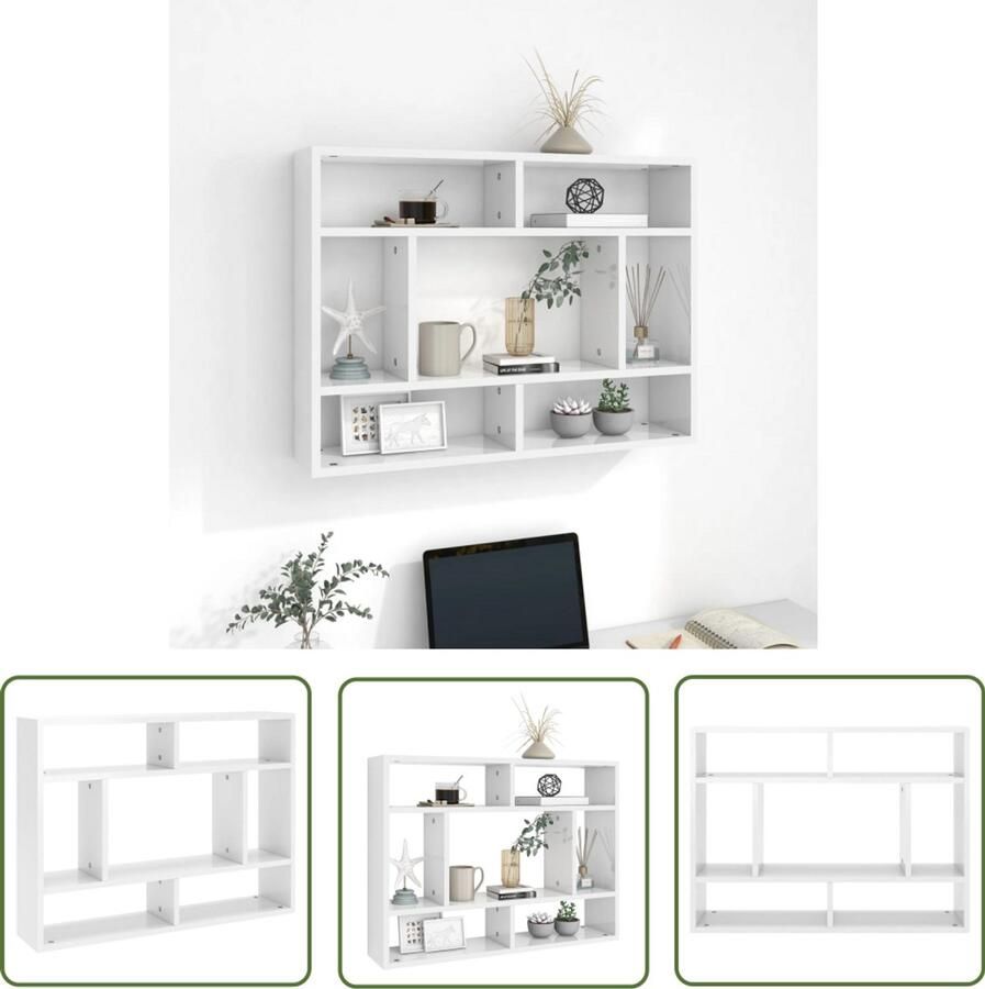 VidaXL Houten Kast Wandkast Wandschap 75x16x55 cm bewerkt hout hoogglans wit Opslagoplossing Modern Design Hoogglans Wit