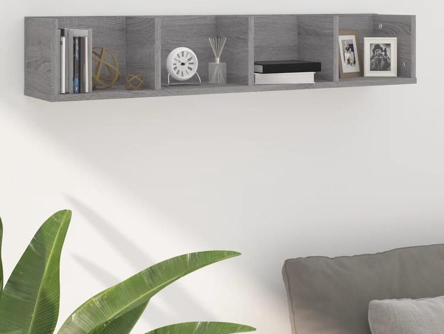 The Living Store Wandschap CD 100x18x18 cm bewerkt hout grijs sonoma eikenkleur Cd-rek Wandenplank Opslagoplossing Houtenschap Salontafel