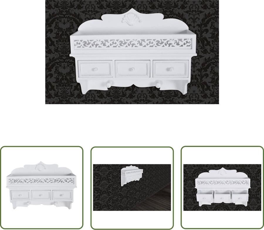 The Living Store Wandschap met 3 lades en 2 knoppen Brocante Kruidenrek Houten Kruidenrek Keukenrek Wandrek Opbergkastje - Foto 2