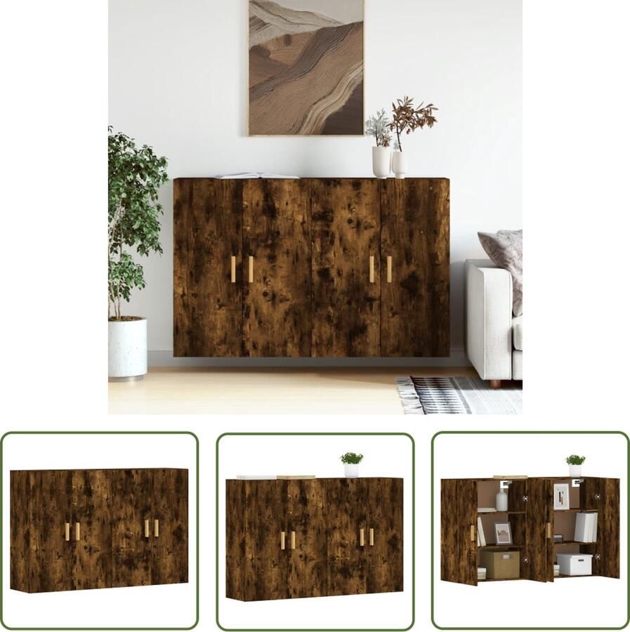 The Living Store Hangkasten 2 st bewerkt hout gerookt eikenkleurig Wandkast Hangkast Bergruimte Houten Kast Badkameropstelling