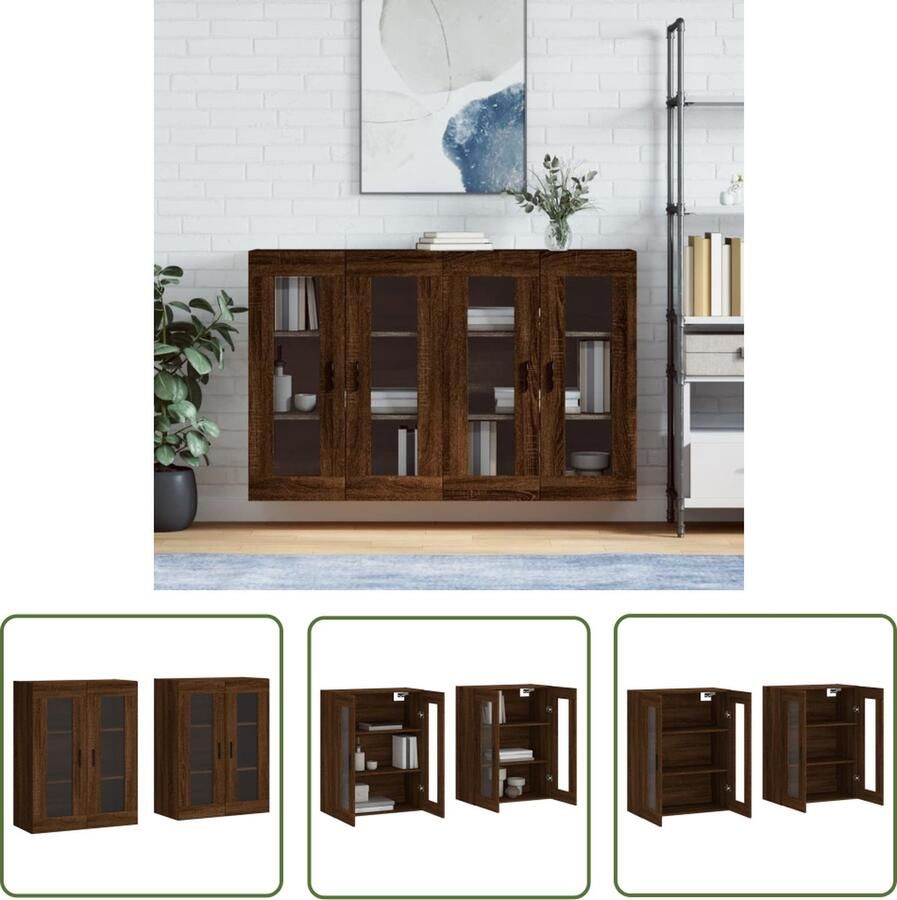 The Living Store Hangkasten 2 st bewerkt hout bruin eikenkleur Wandkast Houten Kast Bergruimte Opbergkast Keukenopstelling